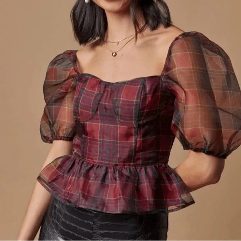 Audrey Parks x Francesca’s Puff Sleeve Plaid Peplum Top Sz Medium Red Holiday